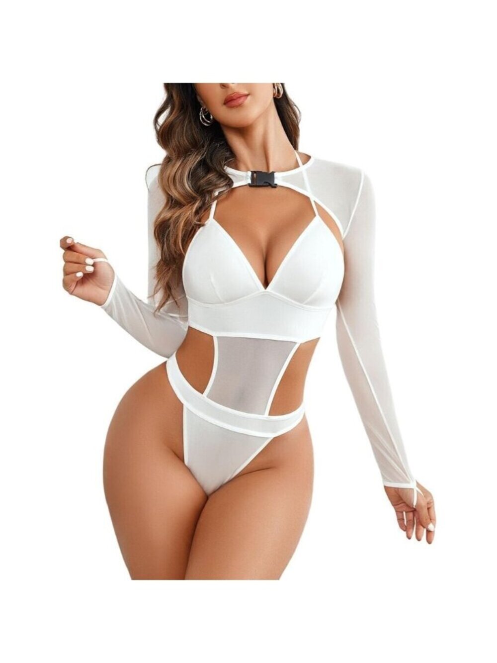 Women White Festival Sexy Lingerie Bodysuit Buckle Shrug Crop Top Set Outfits